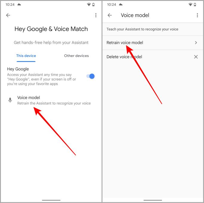 Vuelva a entrenar el modelo de voz del Asistente de Google en Android Pixel