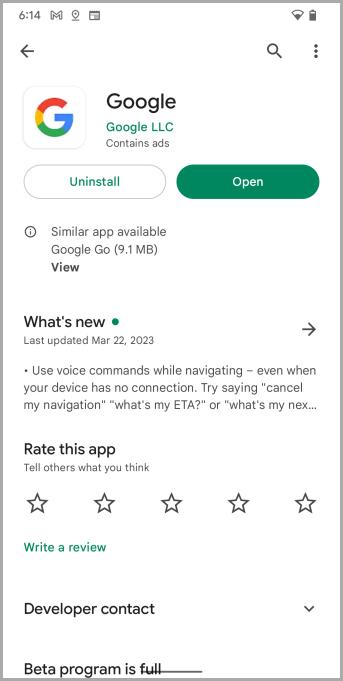 Actualice la aplicación Google desde Play Store en su teléfono inteligente Android