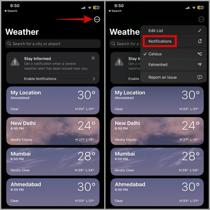 Notificaciones de la aplicación meteorológica en iPhone