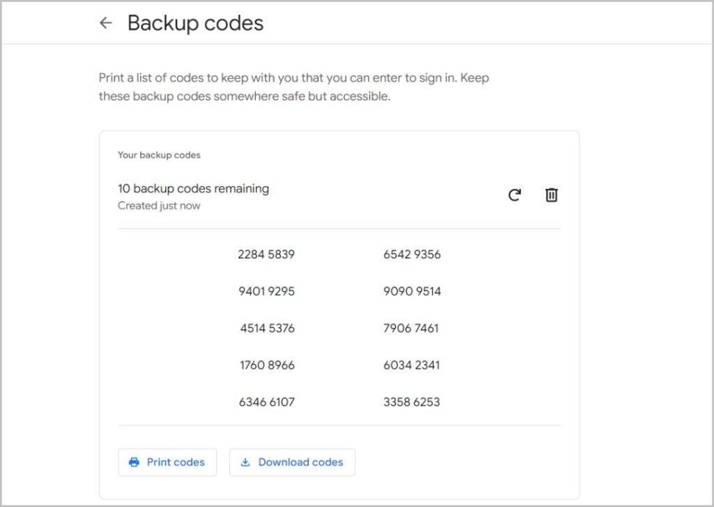 Backup codes generated from Google 