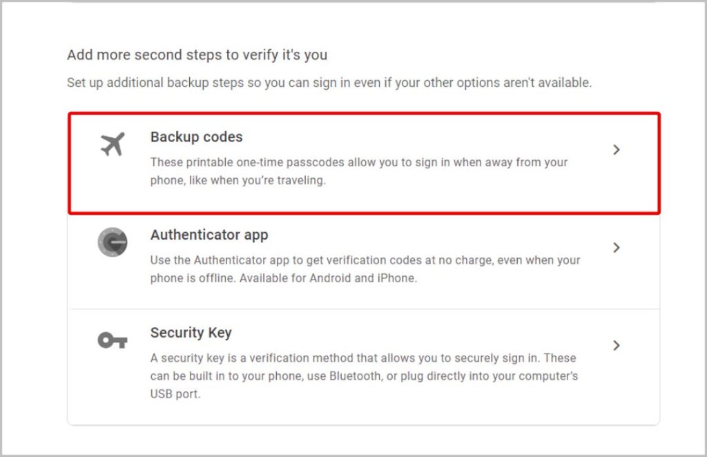 Backup codes option on Google Account