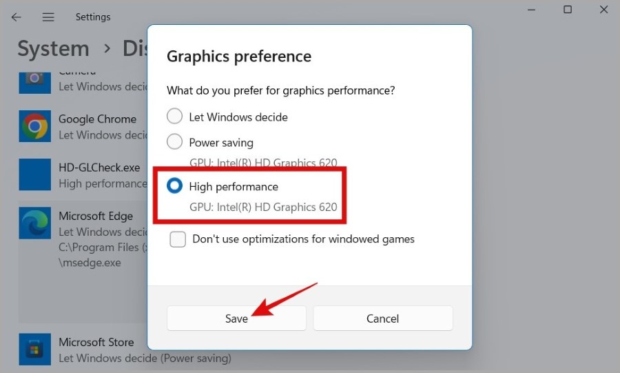 Select Graphics Preference for Edge on Windows