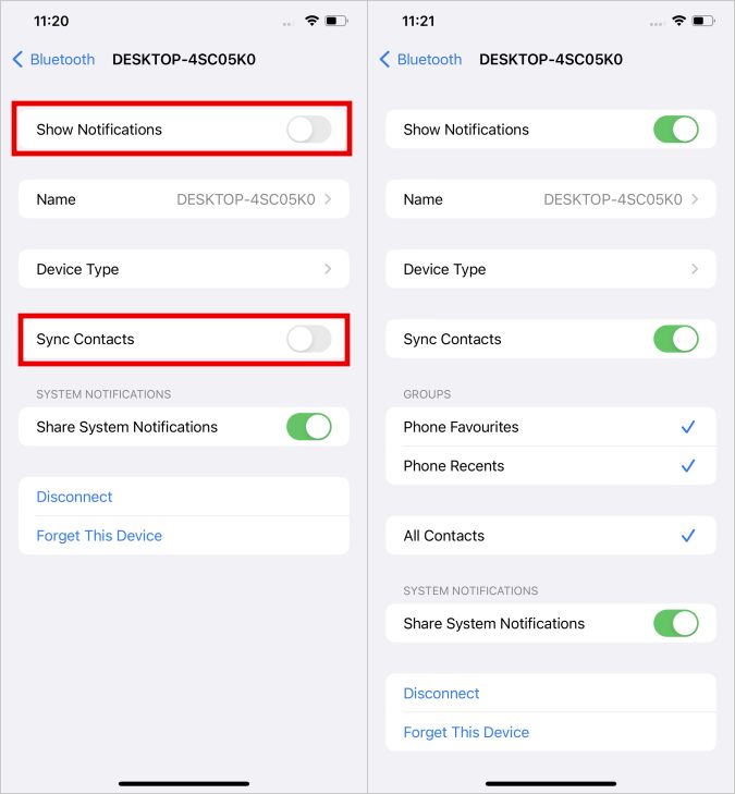 Allowing notifications and contacts on bluetooth settings