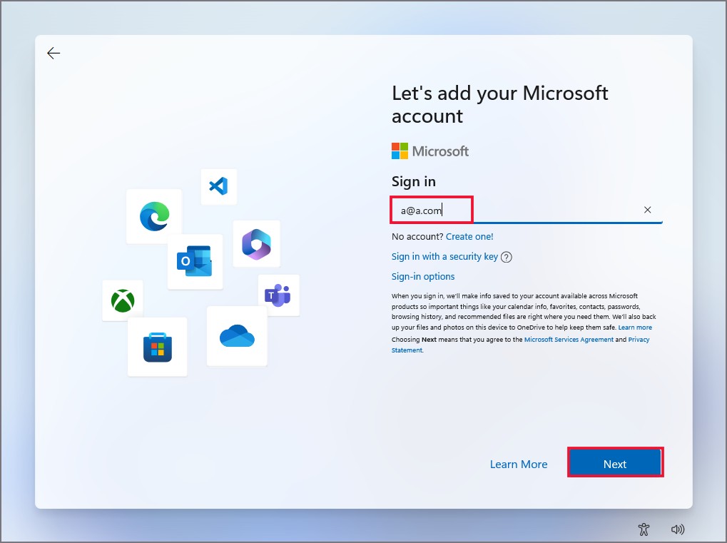 Enter bogus email on Microsoft account sign in page