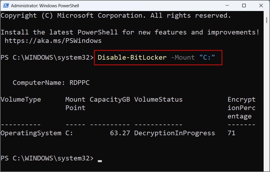 Disable BitLocker Using PowerShell cmdlet