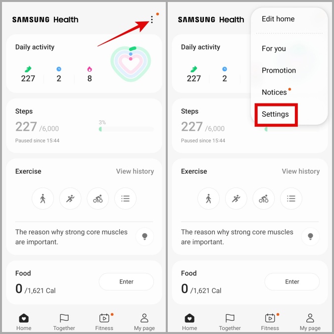 Samsung Health App Settings on Galaxy Phone