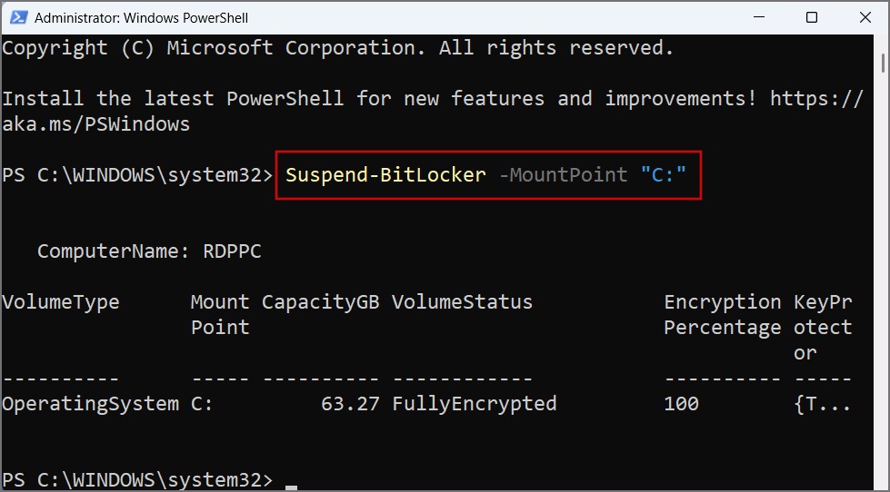 suspending BitLocker in Windows 11 using PowerShell