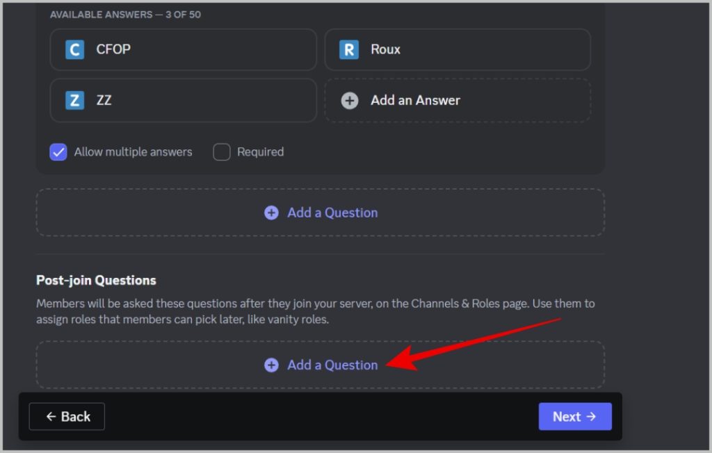 Adding a question in post join question in Discord onboarding