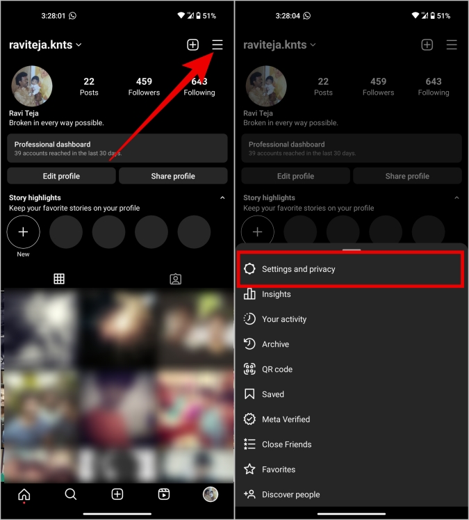 Settings and privacy option on Instagram