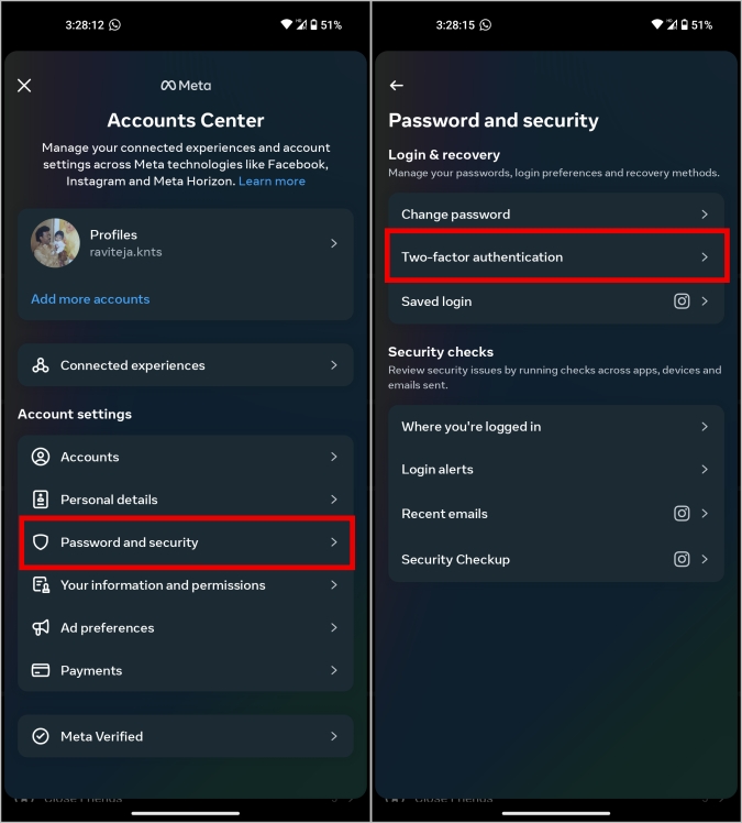 Two-factor authentication settings on Instagram