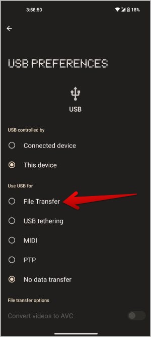 Changing USB preference to File Transfer on Android