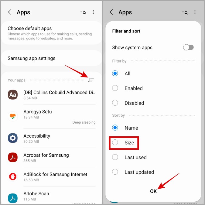 Sort Apps by Size on Samsung Galaxy Phone