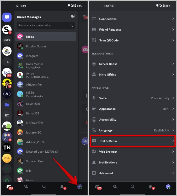 Text and Media option on Discord mobile