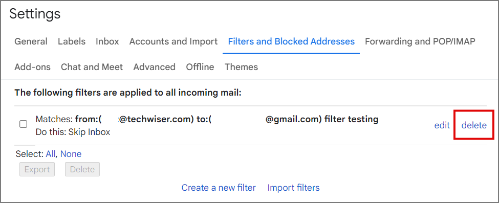 deleting filter for gmail