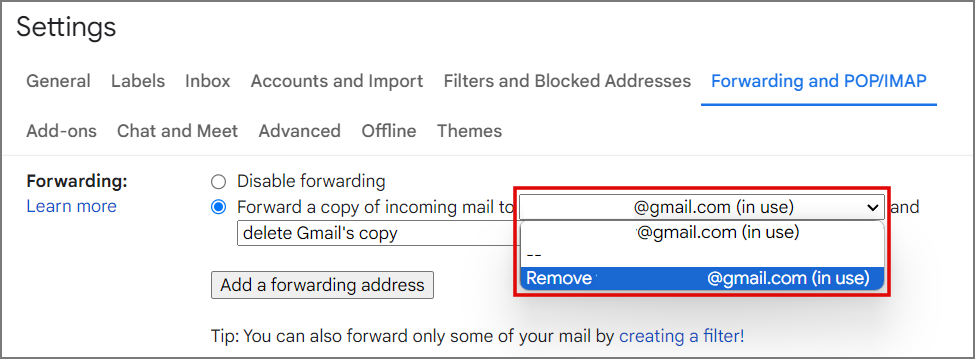 removing mail forwarding