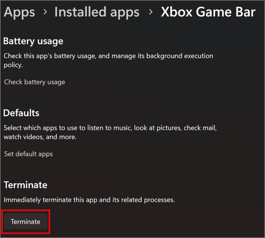 terminating the xbox game bar app in windows