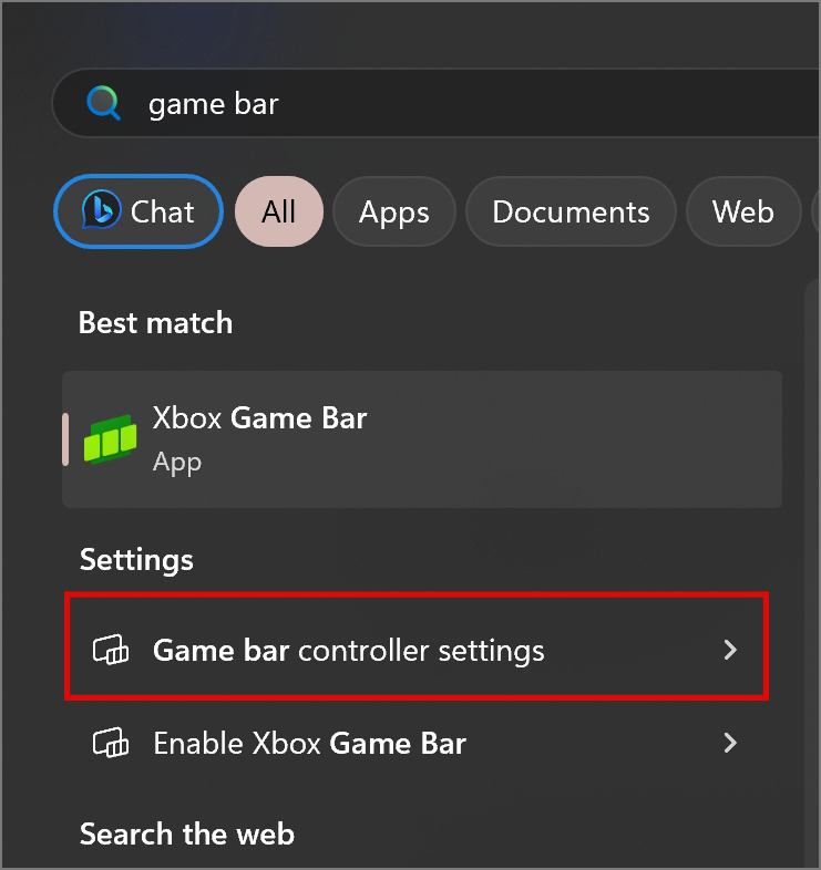 game bar controller settings in windows search
