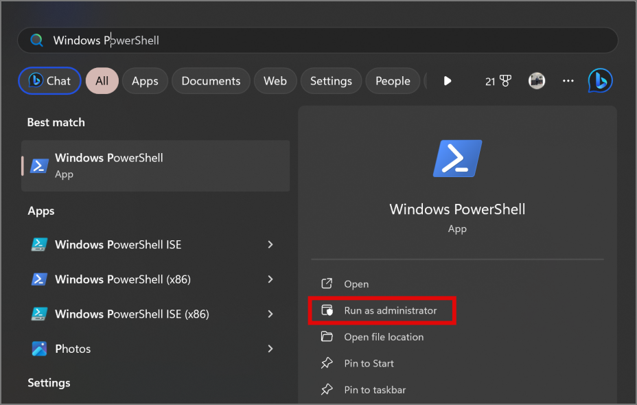 Windows Powershell in search in Windows