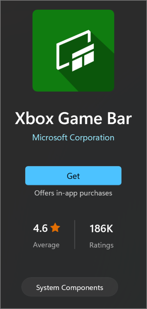 xbox game bar in microsoft store in Windows.