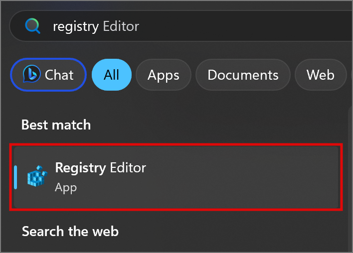 registry editor in Windows search