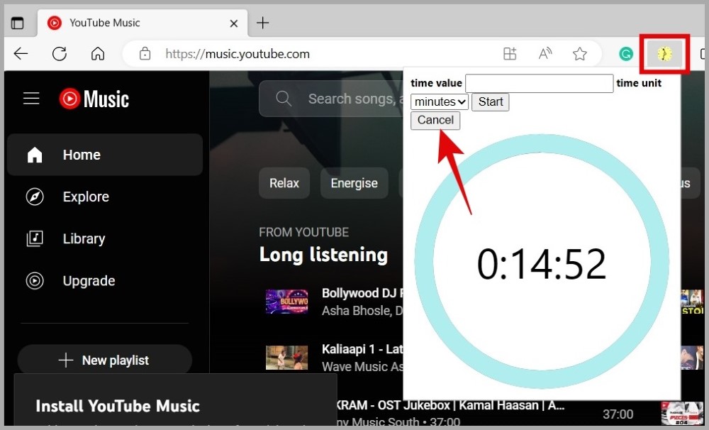Cancel Sleep Timer in YouTube Music for Web