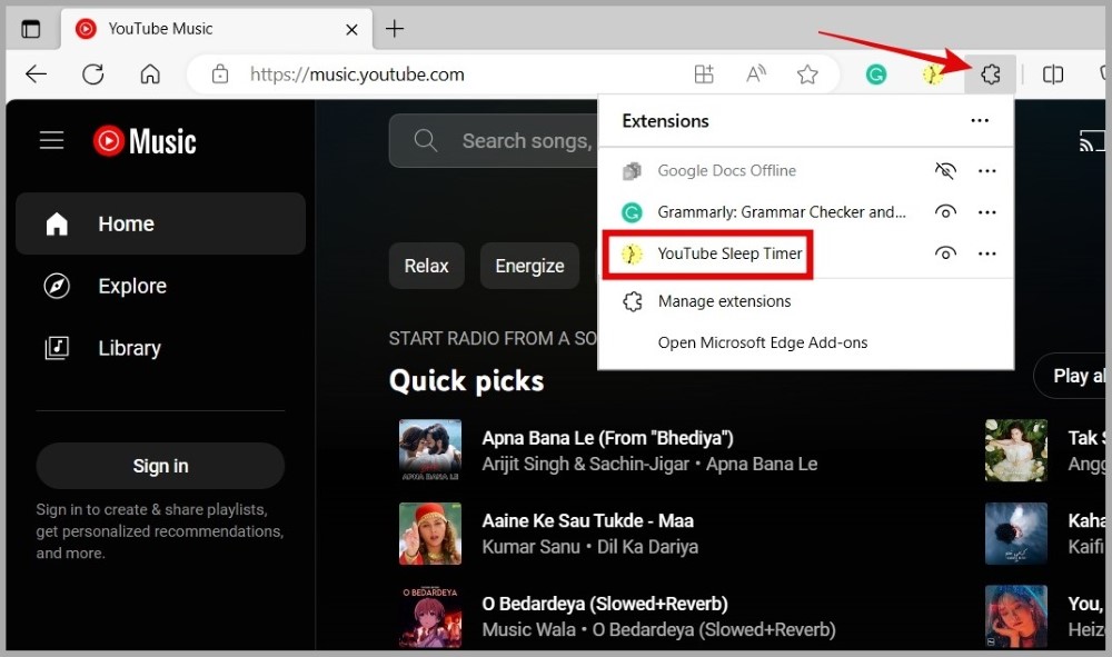Use the YouTube Sleep Timer Extension