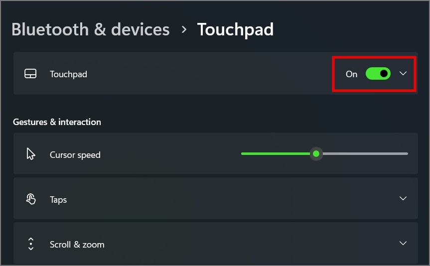 enable the Touchpad toggle