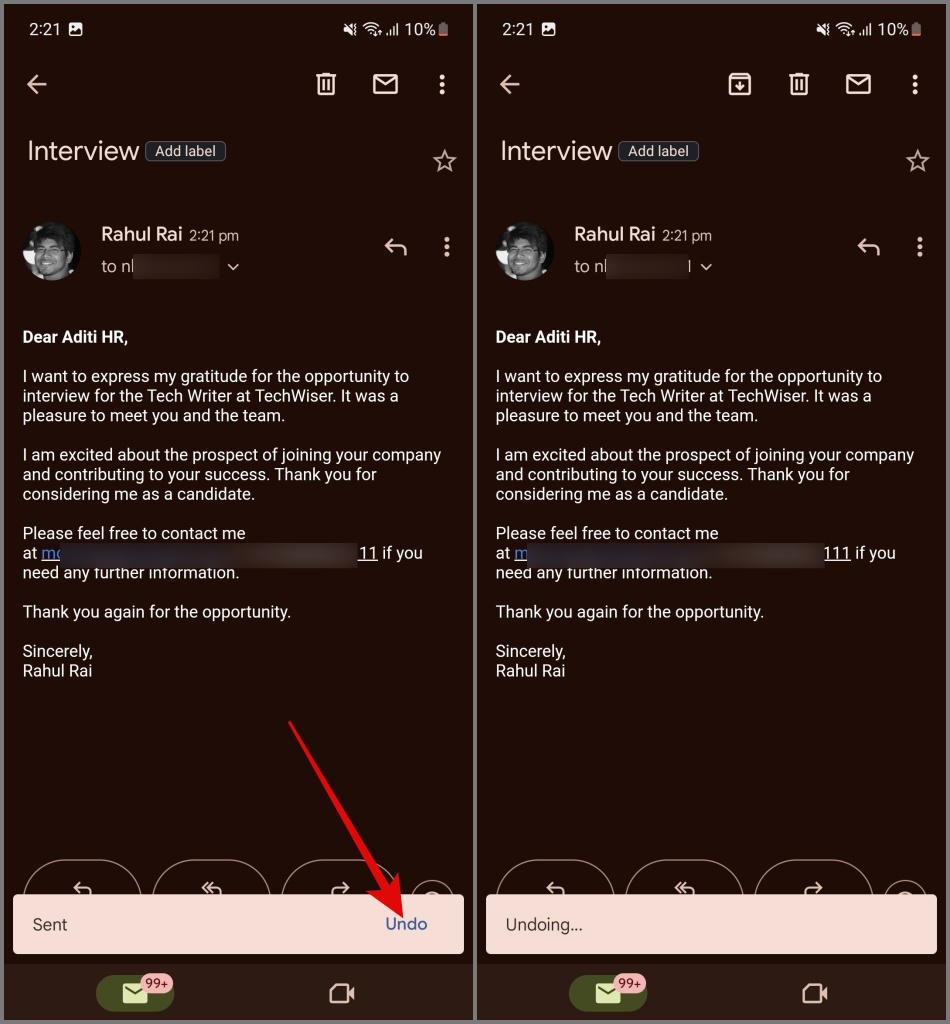 Undo Email on Gmail from Mobile