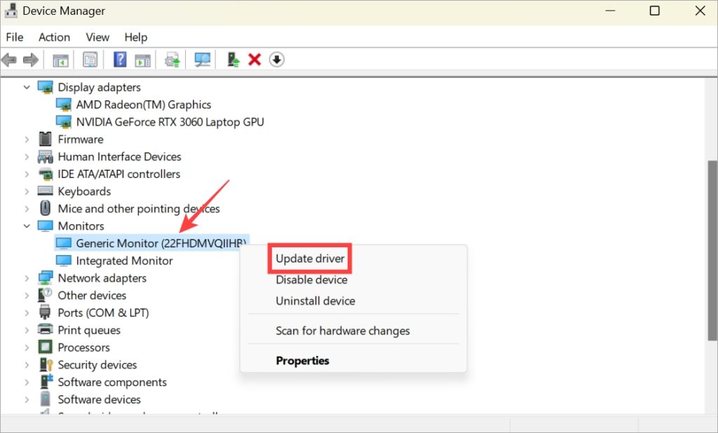 Driver Update Option in Device Manager in Windows