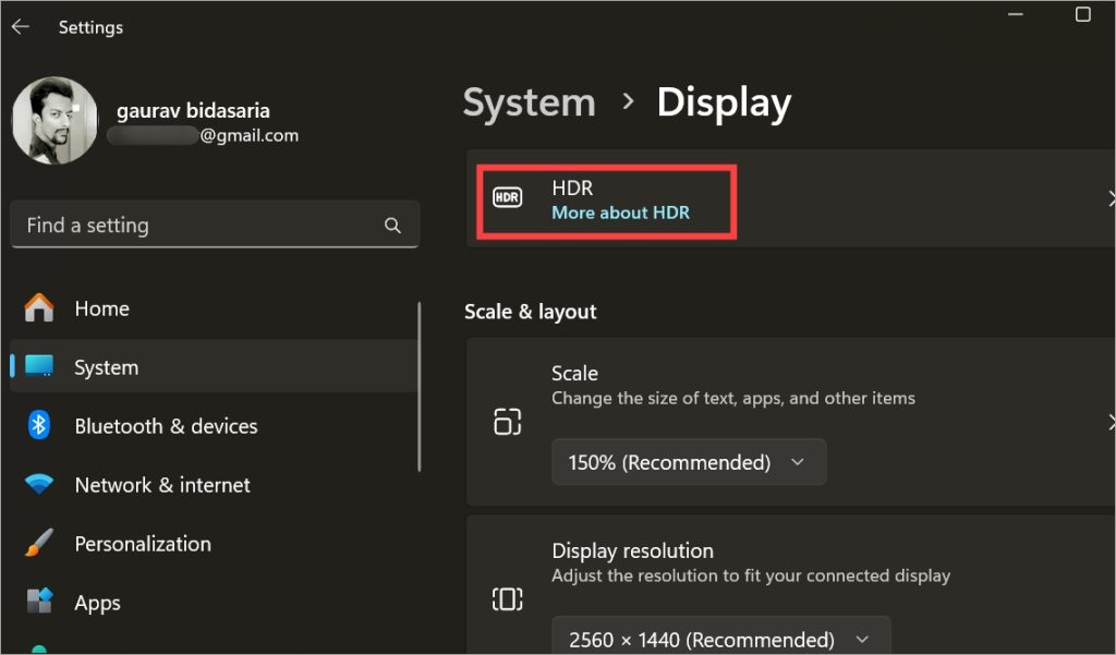 Display HDR in Windows Settings