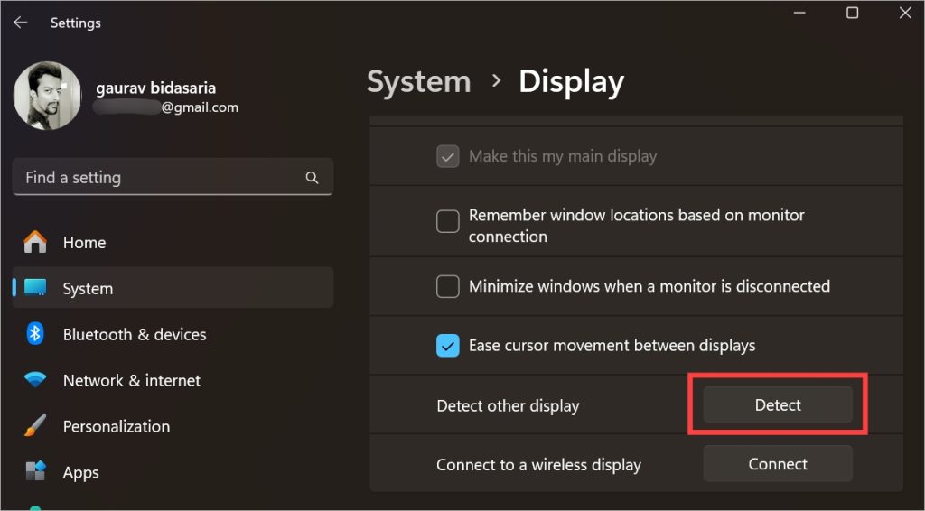 Manually Detect Other Displays on Windows