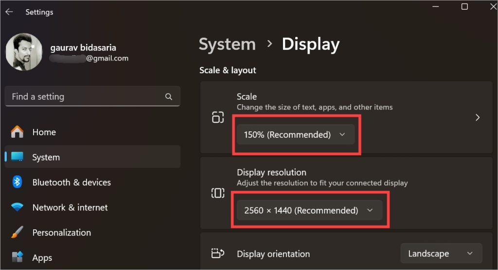 Scale and resolution settings for the second monitor