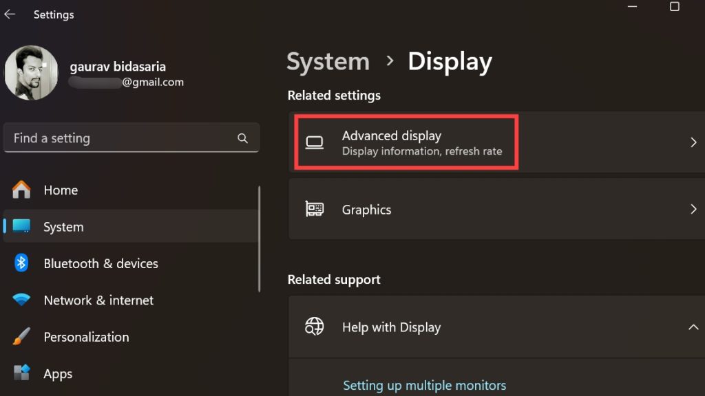 Advanced display in display settings on Windows