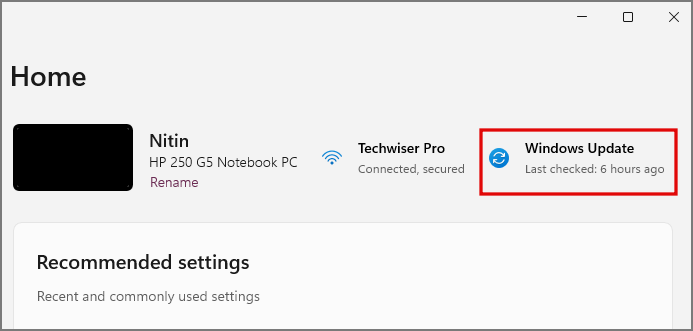 Windows update in settings in Windows