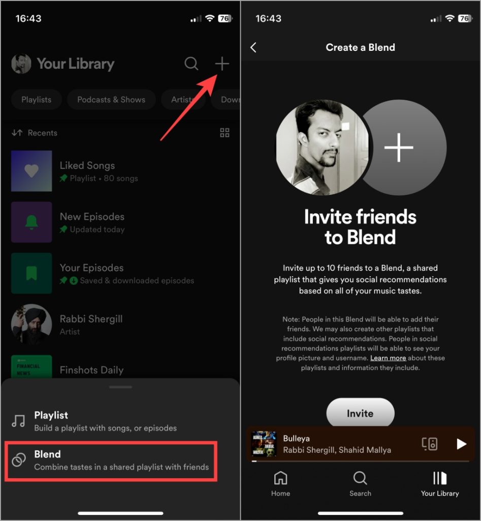 plus icon in spotify to create playlist or blend playlist