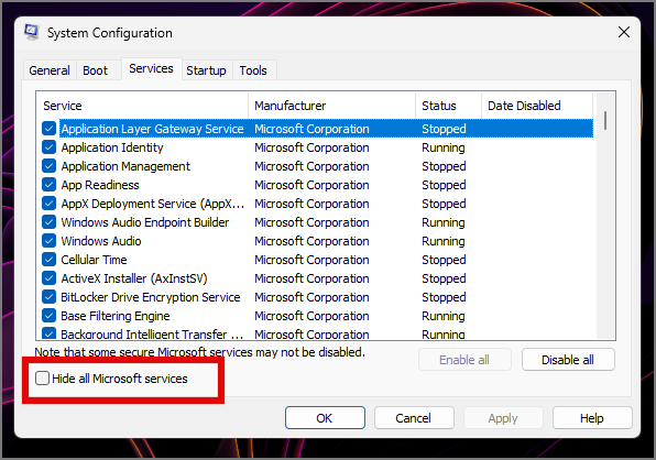 Hiding microsoft services from the system configuration in Windows