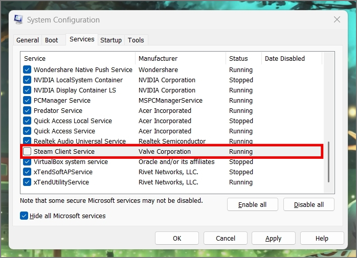Disabling background process through the system configuration in Windows 