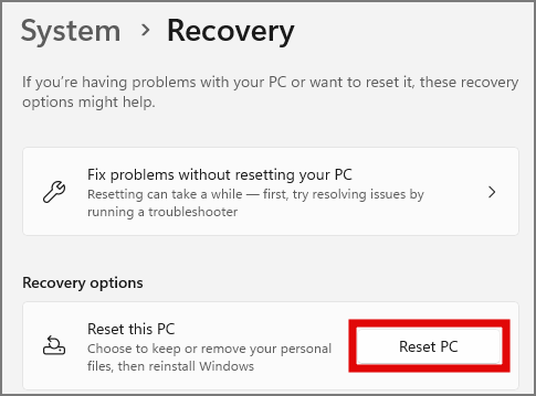 Reset PC options in Windows