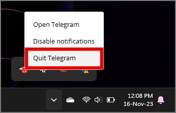 Closing Telegram from the system tray on the taskbar in Windows