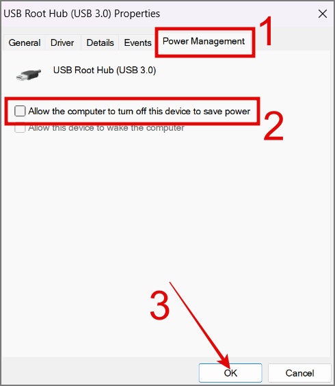Disable Allow the computer to turn off this device to save power