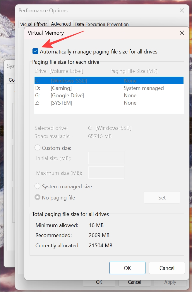 Manage paging file size automatically for all drives