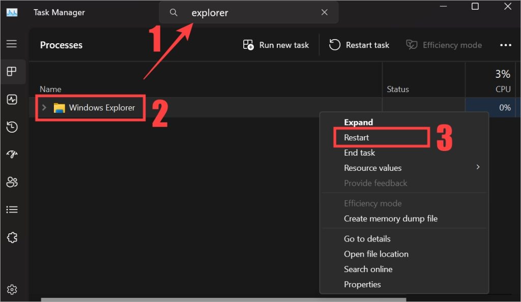 Restart Windows Explorer from Task Manager