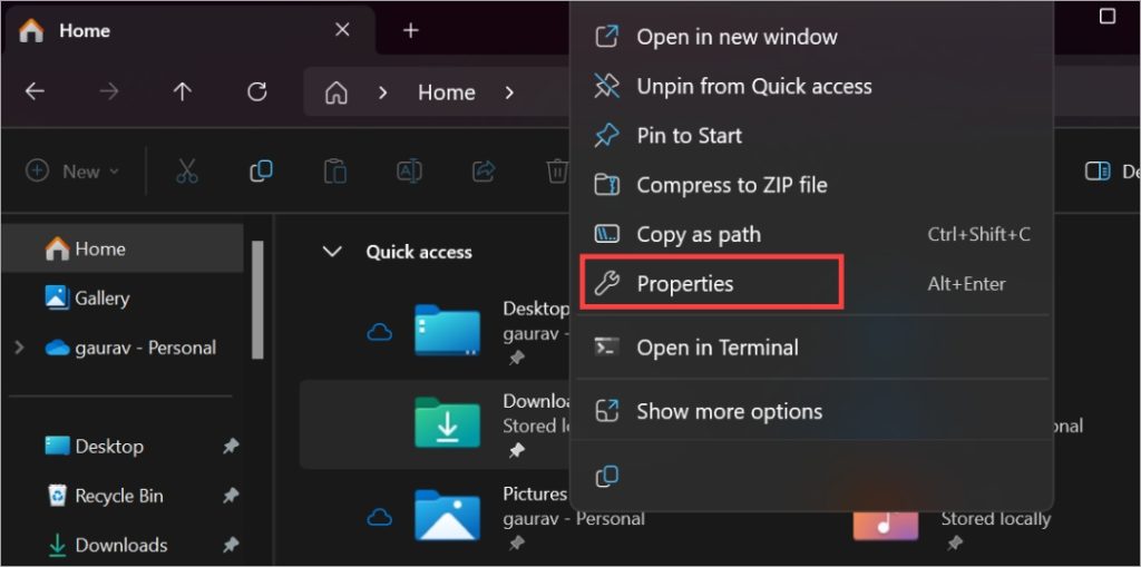 Downloads folder properties in Windows