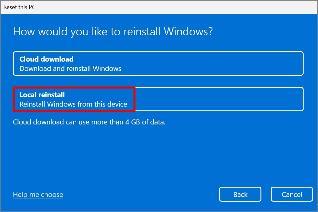 Cloud download or Local reinstall option