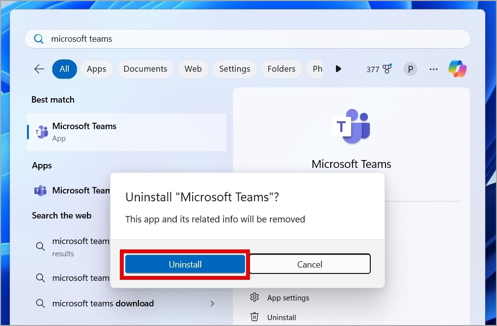 Confirm Uninstall the Teams App on Windows