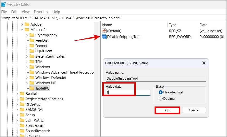 Disable Snipping Tool on Windows 11 using Registry Editor