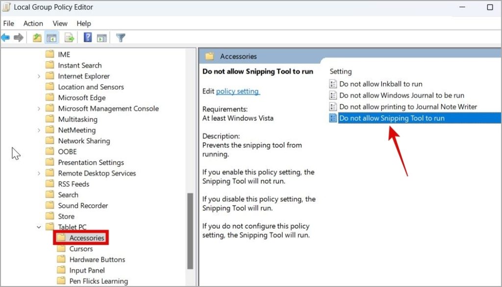 Don't Allow Snipping Tool Policy on Windows
