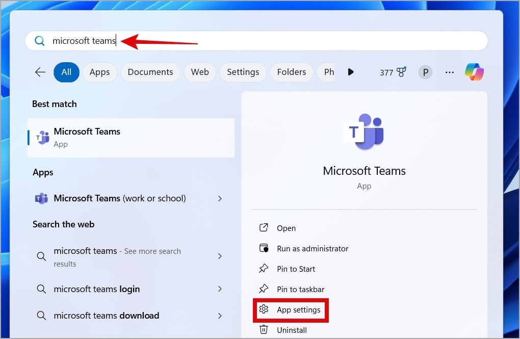 Teams App Settings on Windows