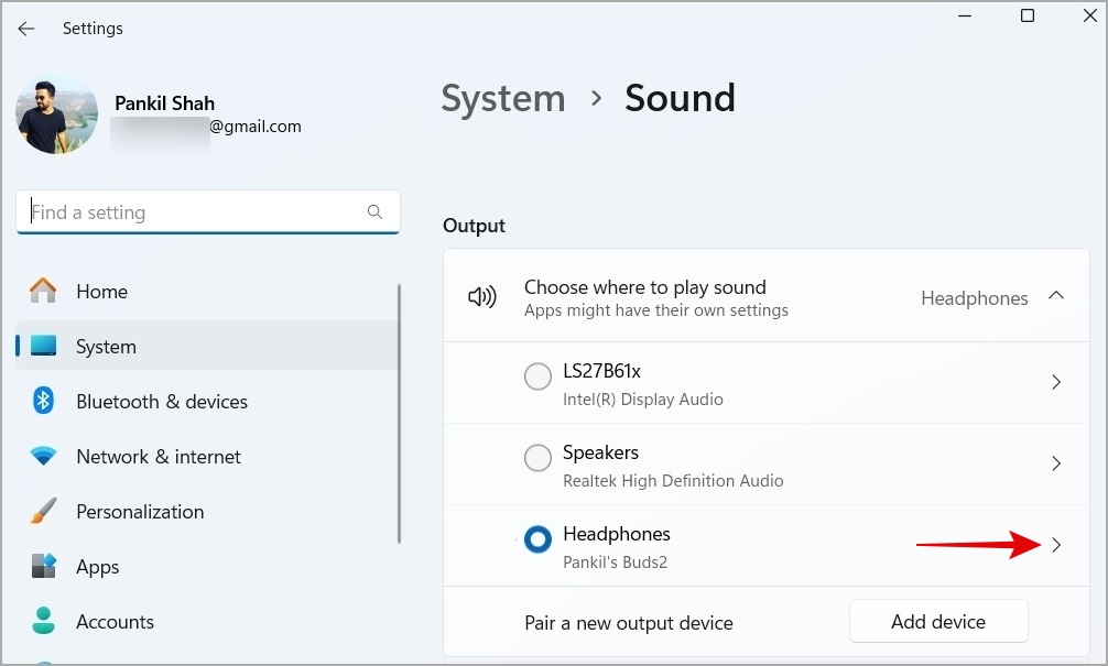 Audio Output Device on Windows 11