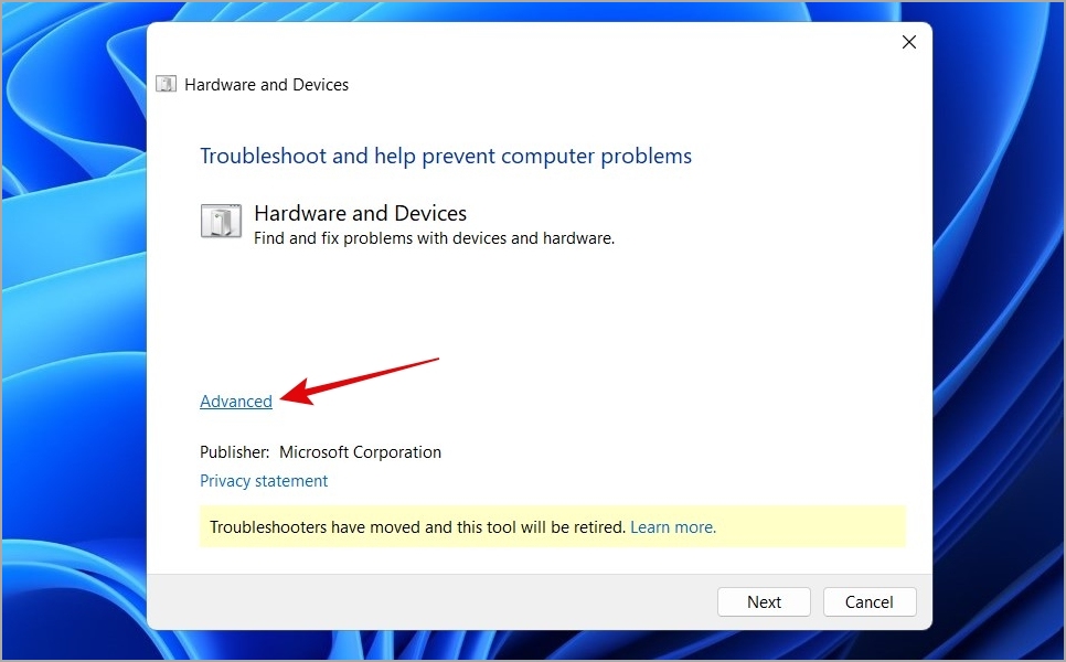 Hardware and Devices Troubleshooter on Windows